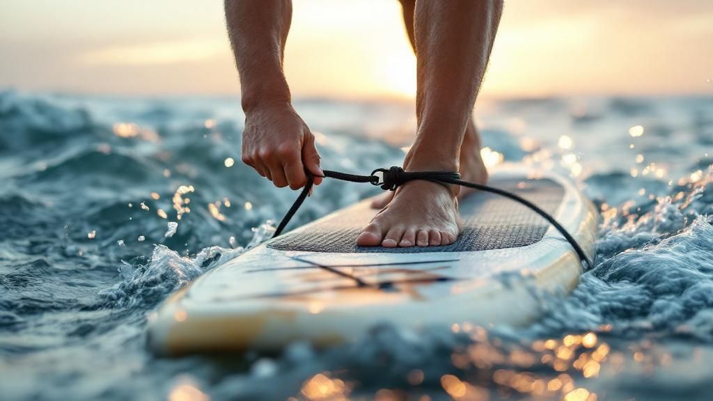 A person safely enjoying paddle boarding at sunset, wearing a personal flotation device.