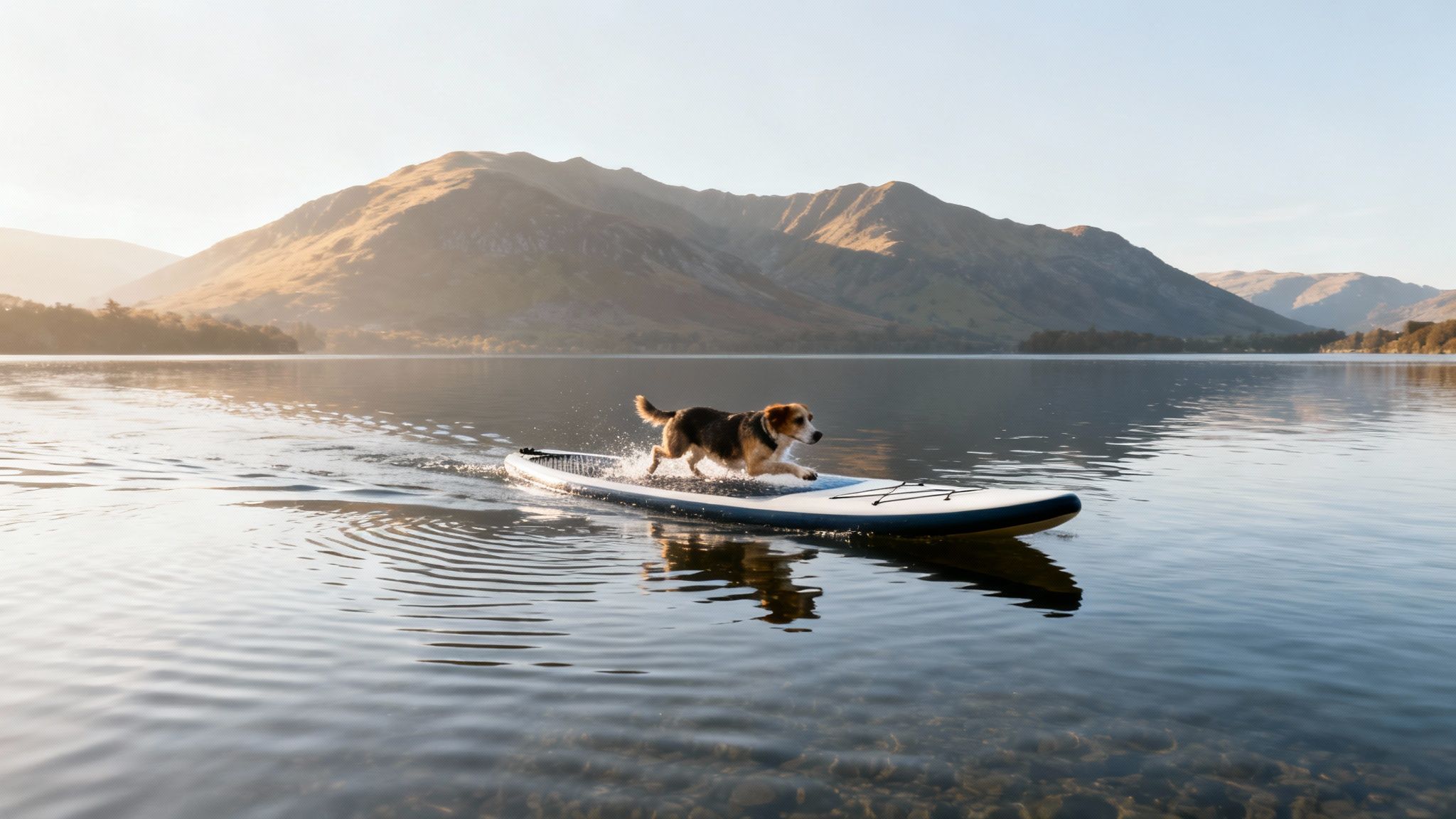 A dog happily sitting on the front of a paddle board on a calm lake.