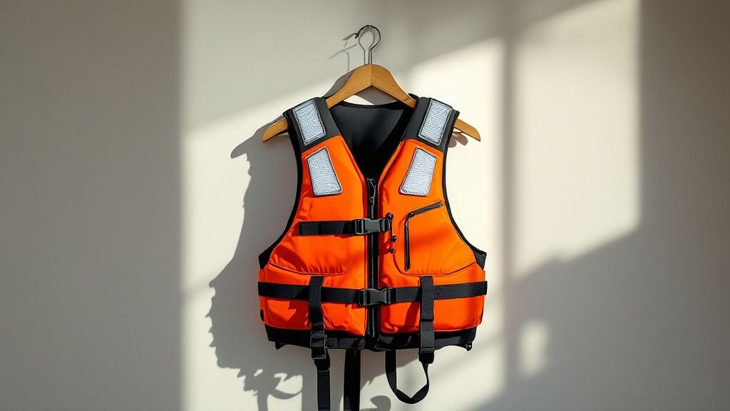 A close-up shot of a safety rating tag on a paddle boarding life jacket