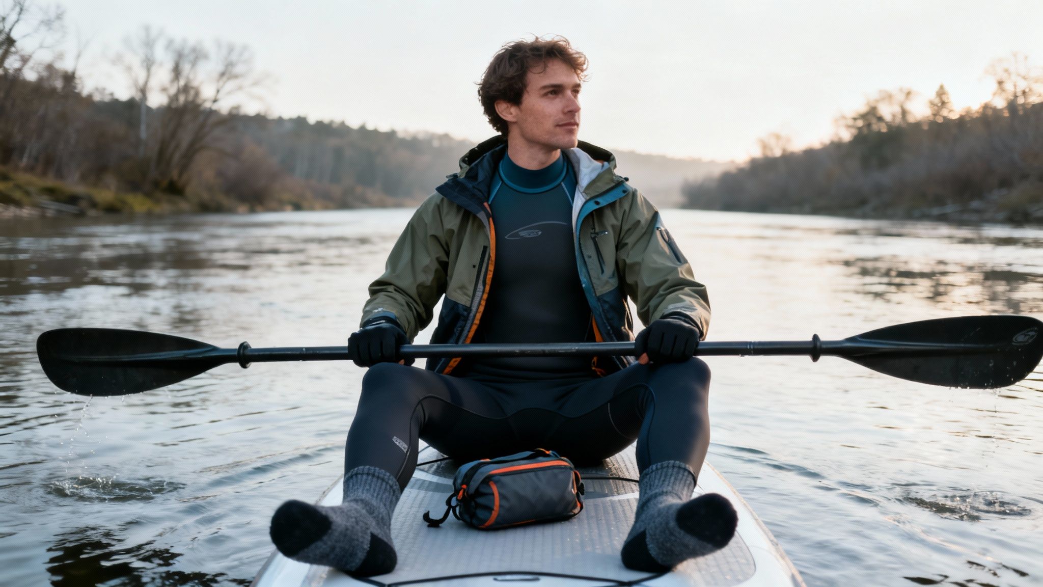 A paddle boarder wearing a wetsuit and paddling on calm water in autumn.