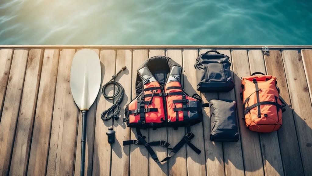 A collection of paddleboards and gear laid out on a sandy beach.