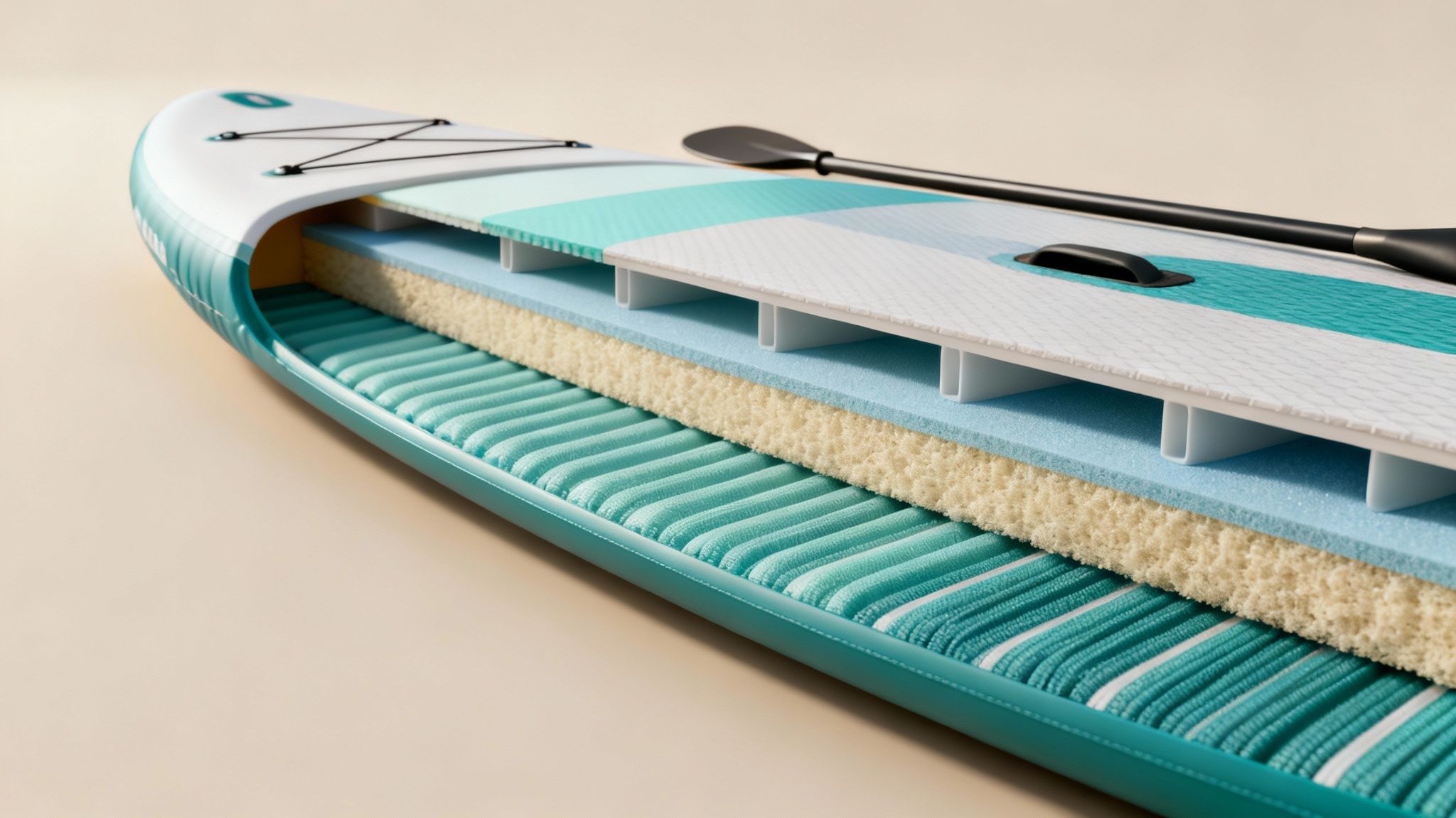 A close-up view of the layers and drop-stitch technology inside an inflatable paddle board