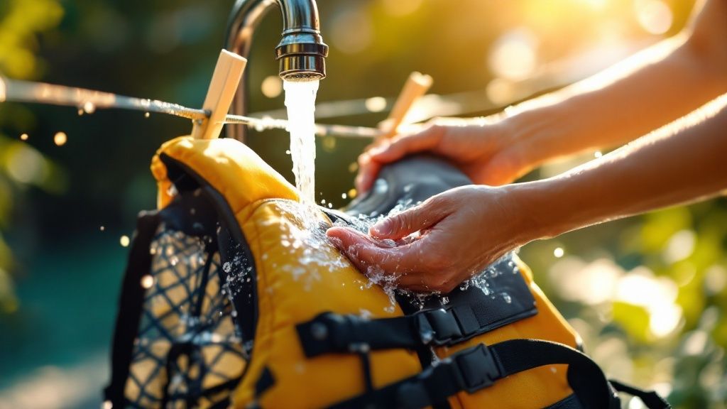 A person rinsing their buoyancy aid with fresh water after a paddleboarding session.