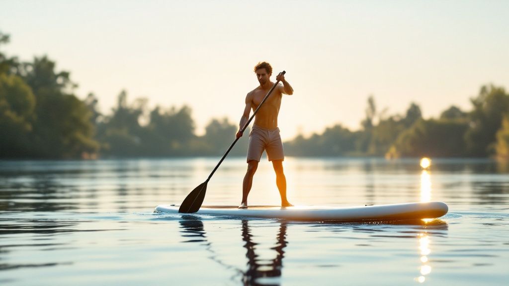 Essential SUP gear including a paddle, leash, and dry bag laid out on a wooden deck.