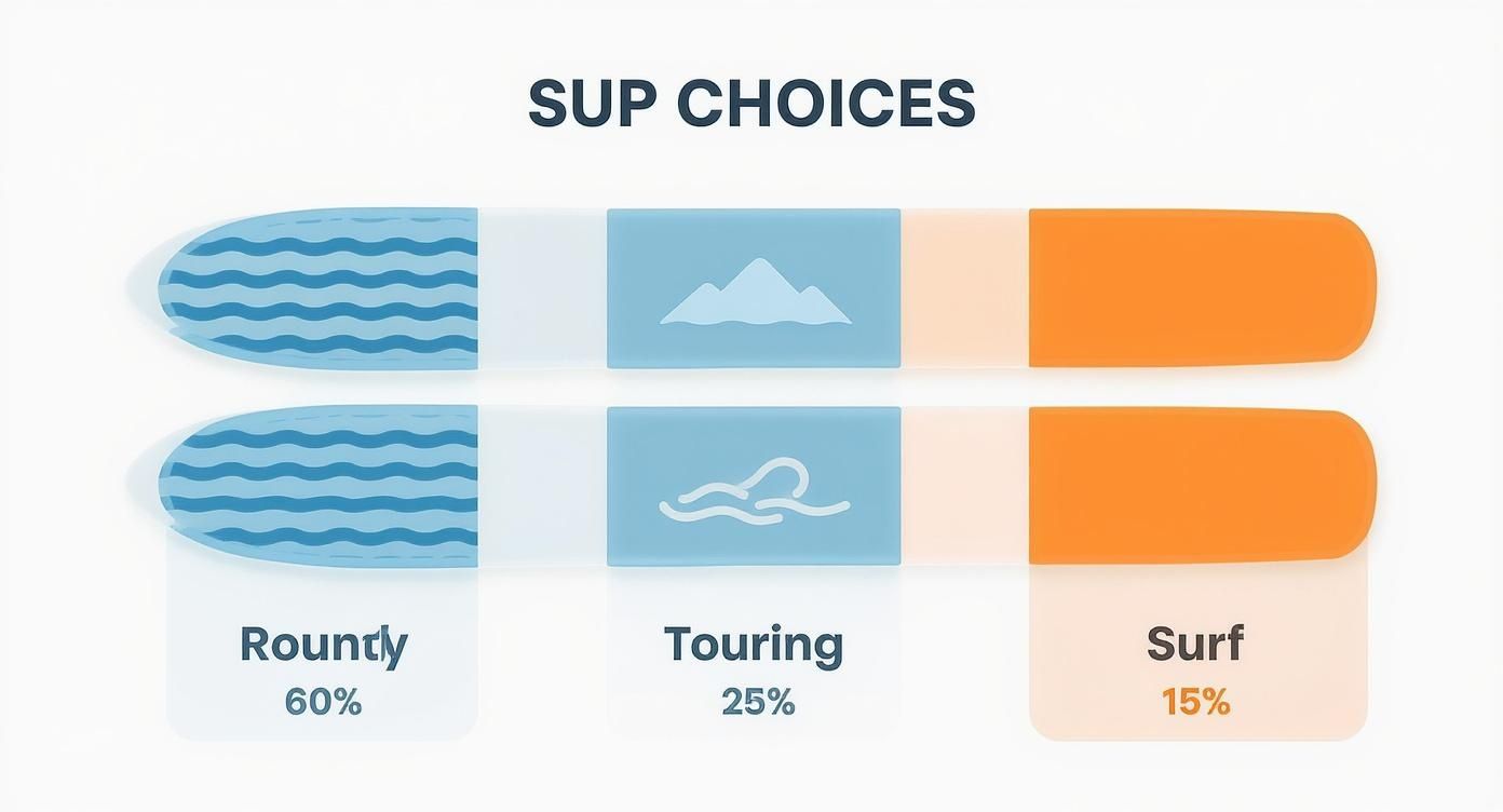 Infographic showing the popularity of different SUP types with All-Round at 60%, Touring at 25%, and Surf at 15%