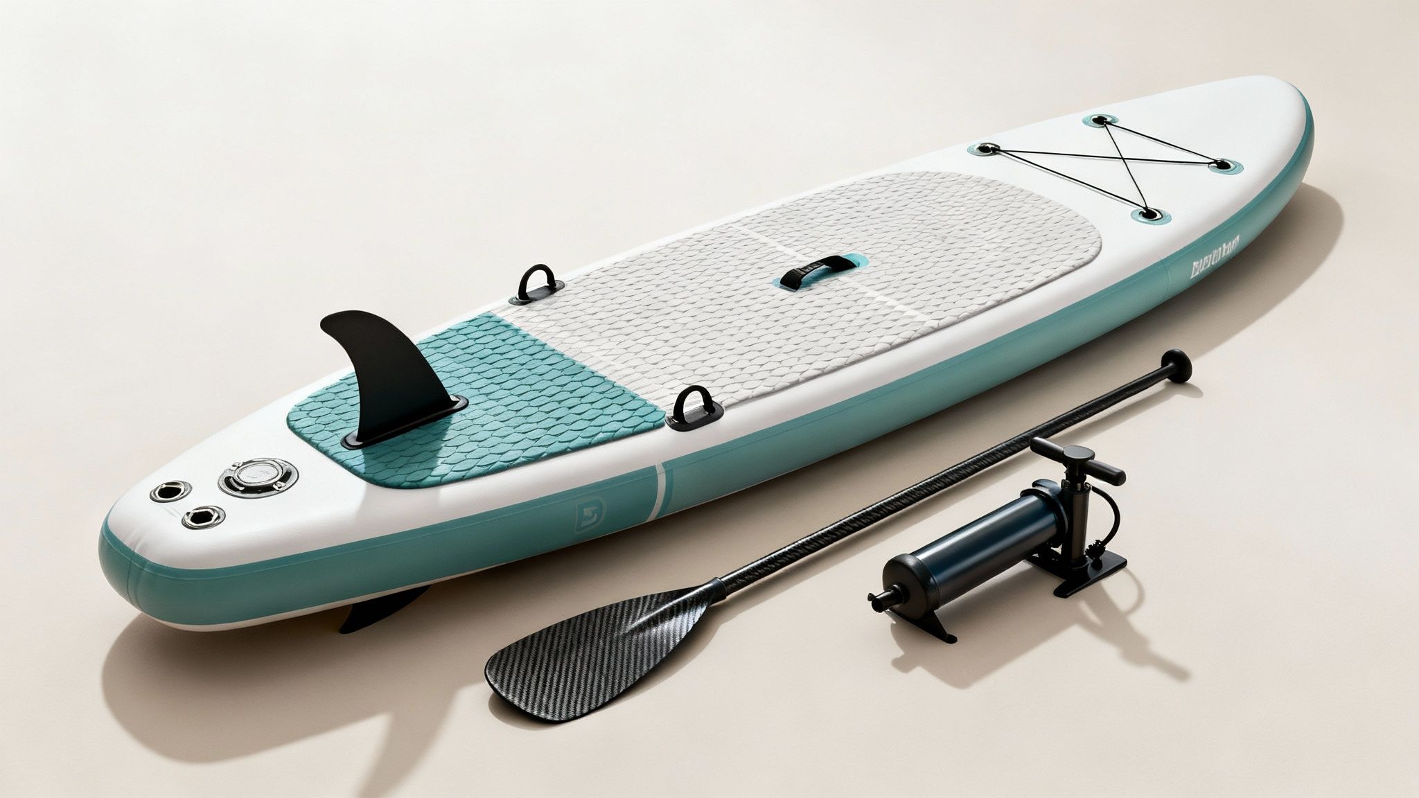 A collection of high-quality paddle board accessories including a paddle, pump, leash, and bag.