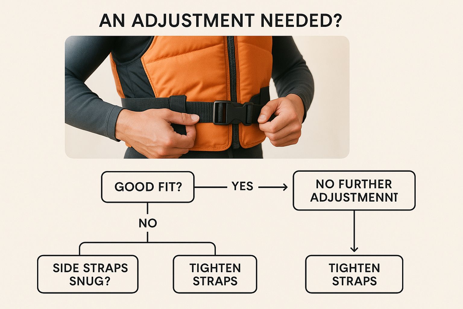 Infographic showing hands adjusting the straps of a paddle boarding life jacket