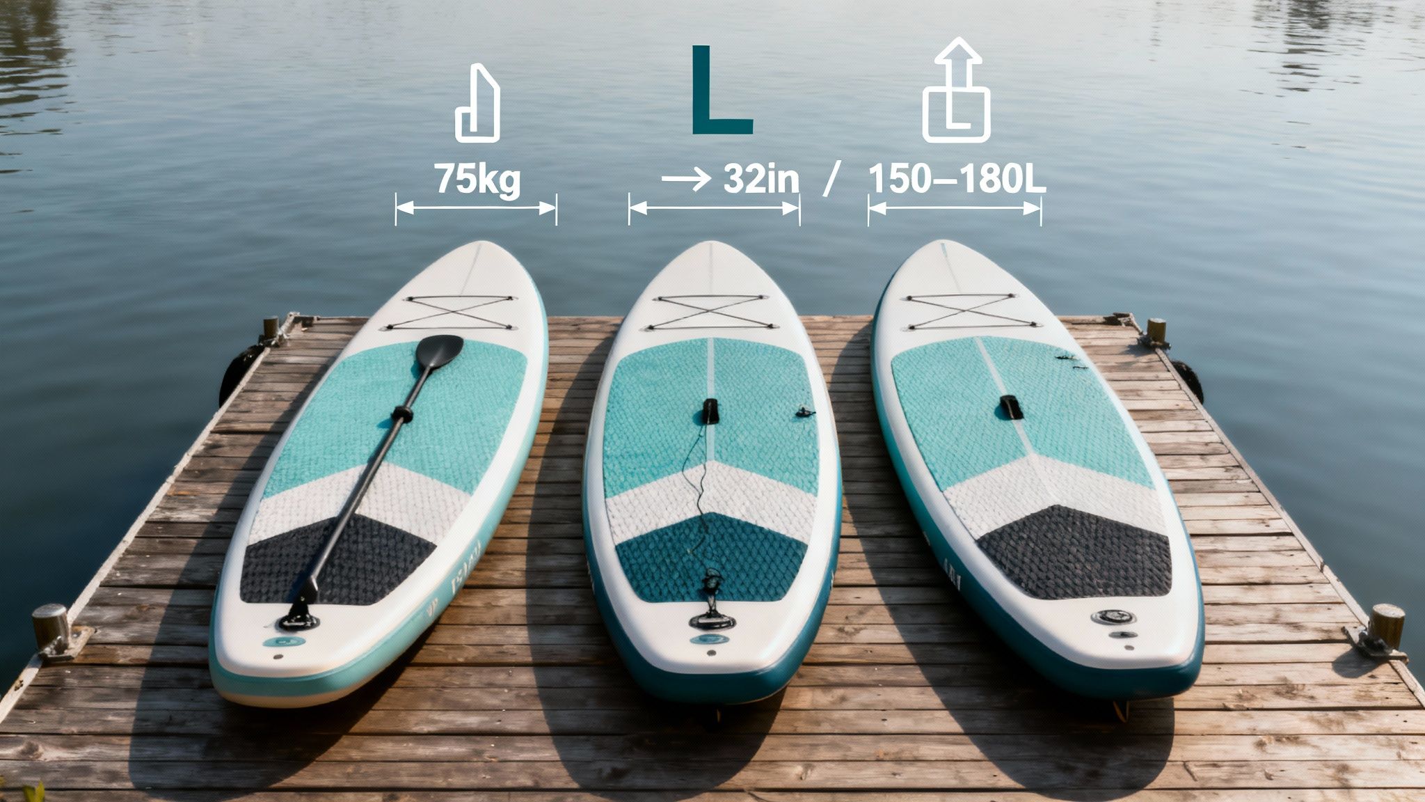 A woman paddling on a SUP board on a tranquil lake
