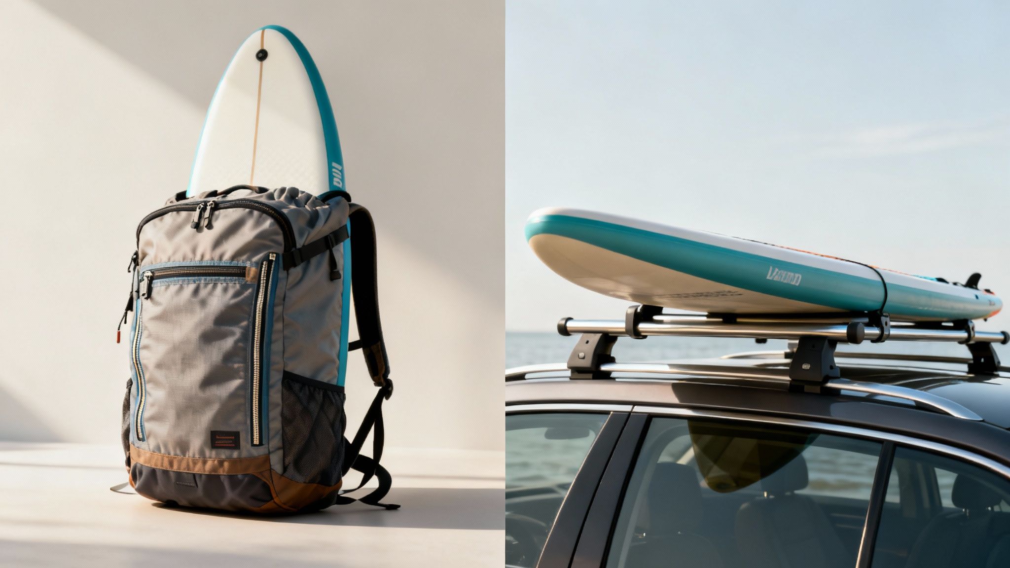Inflatable and hard paddle boards lined up on a beach