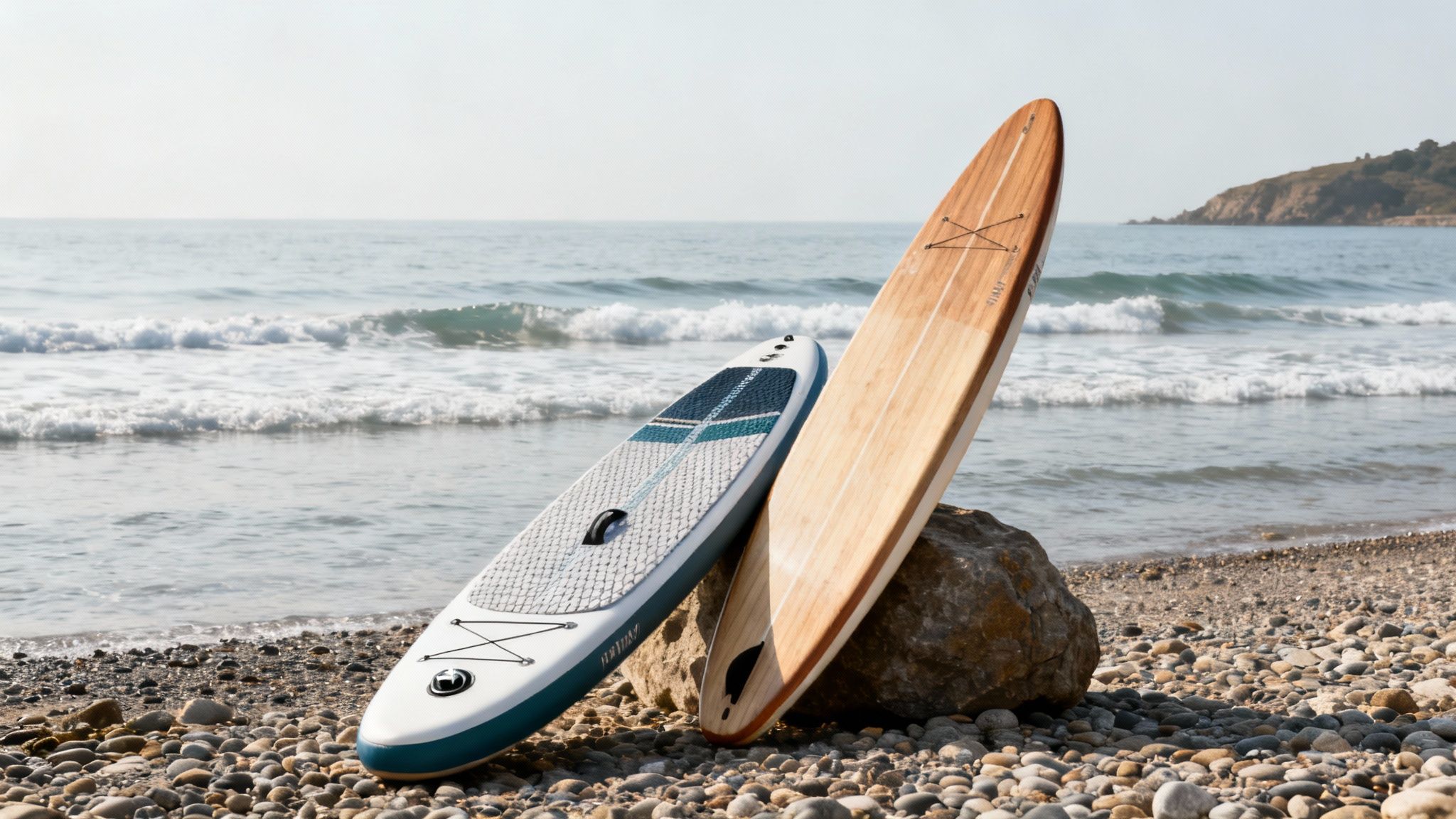 A person stand up paddle boarding on a calm lake in the UK
