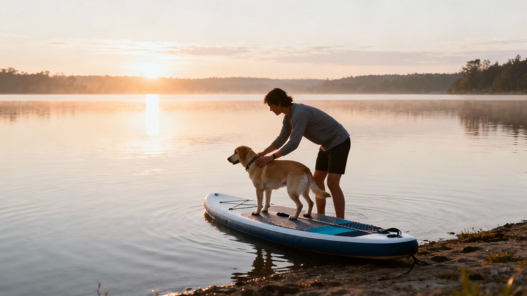 A person and their dog enjoying paddle boarding on a calm lake.