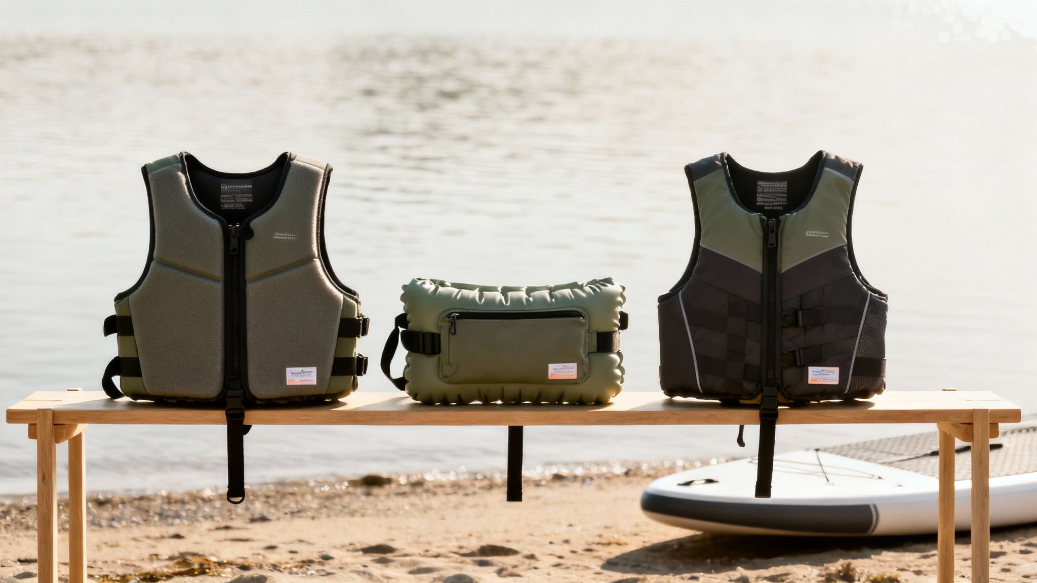 A person on a paddleboard wearing a red paddle board life jacket