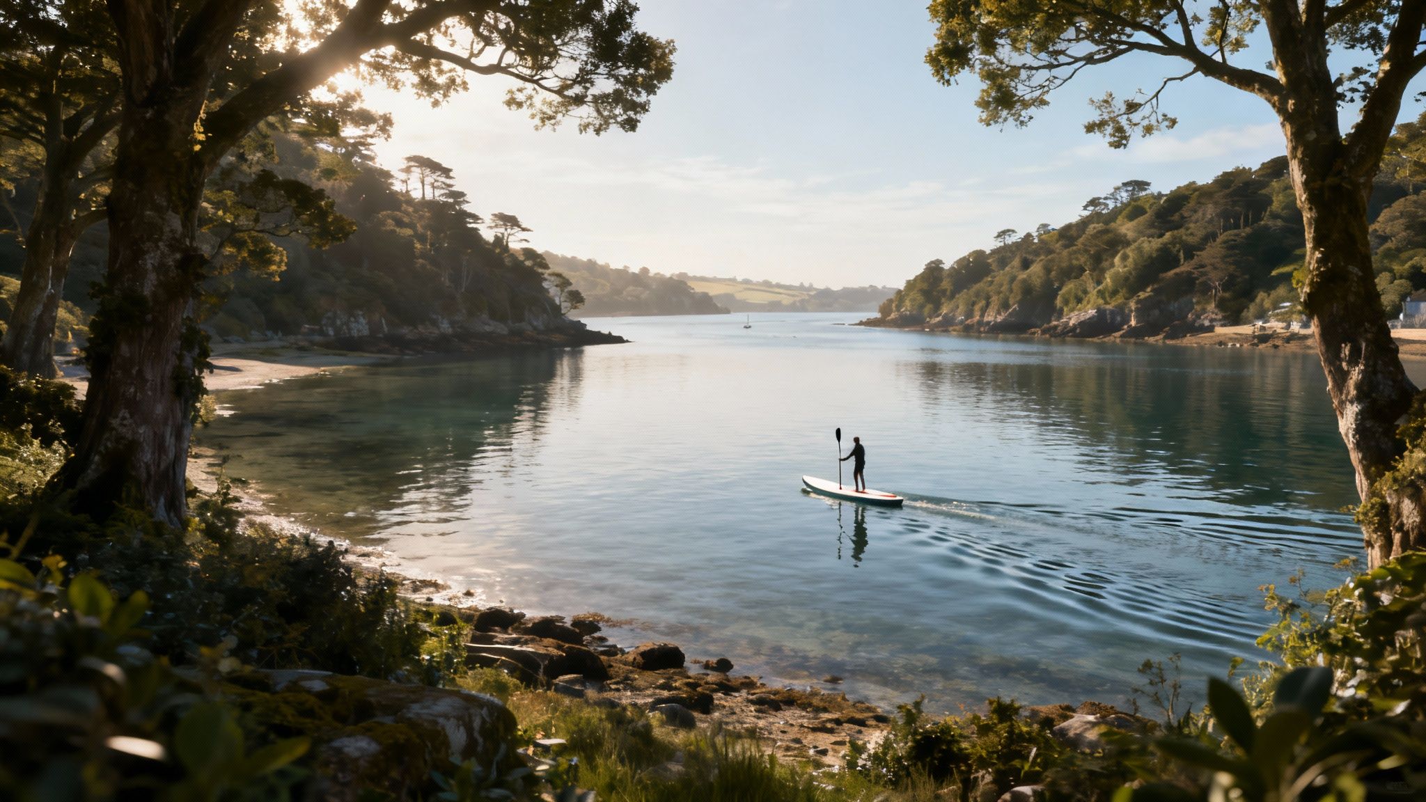 A person paddle boarding in a calm Cornish cove with cliffs in the background