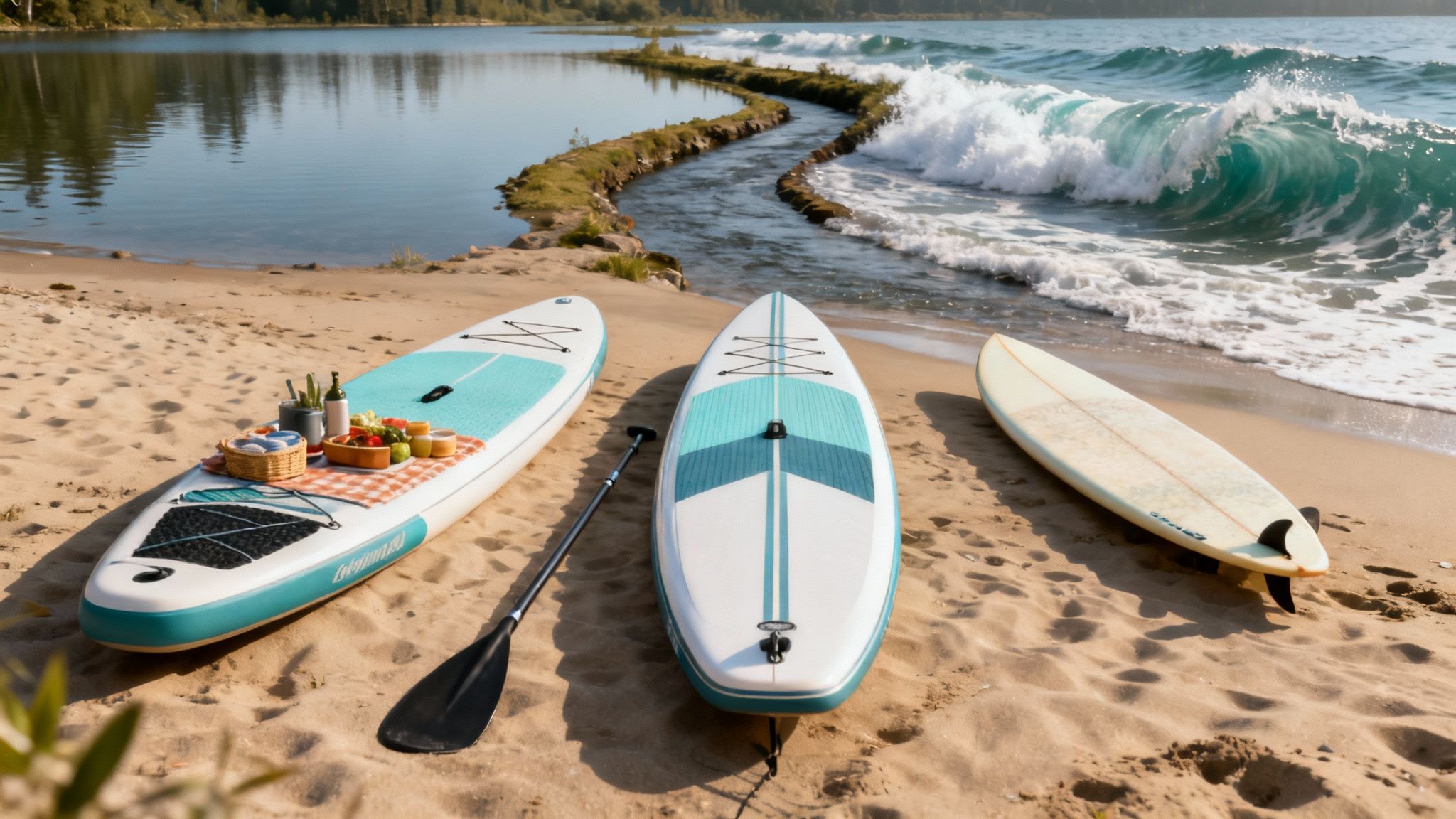 A group of friends paddle boarding on a calm lake surrounded by mountains and trees