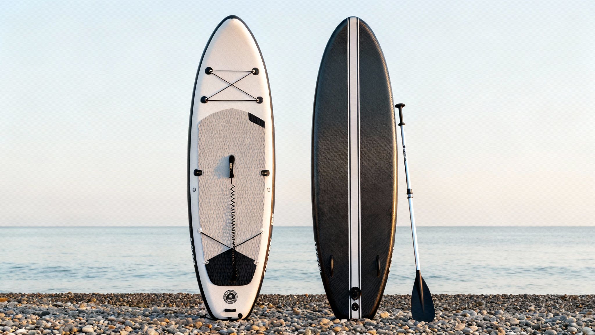 A person paddling on a touring board on a calm lake, surrounded by green hills.