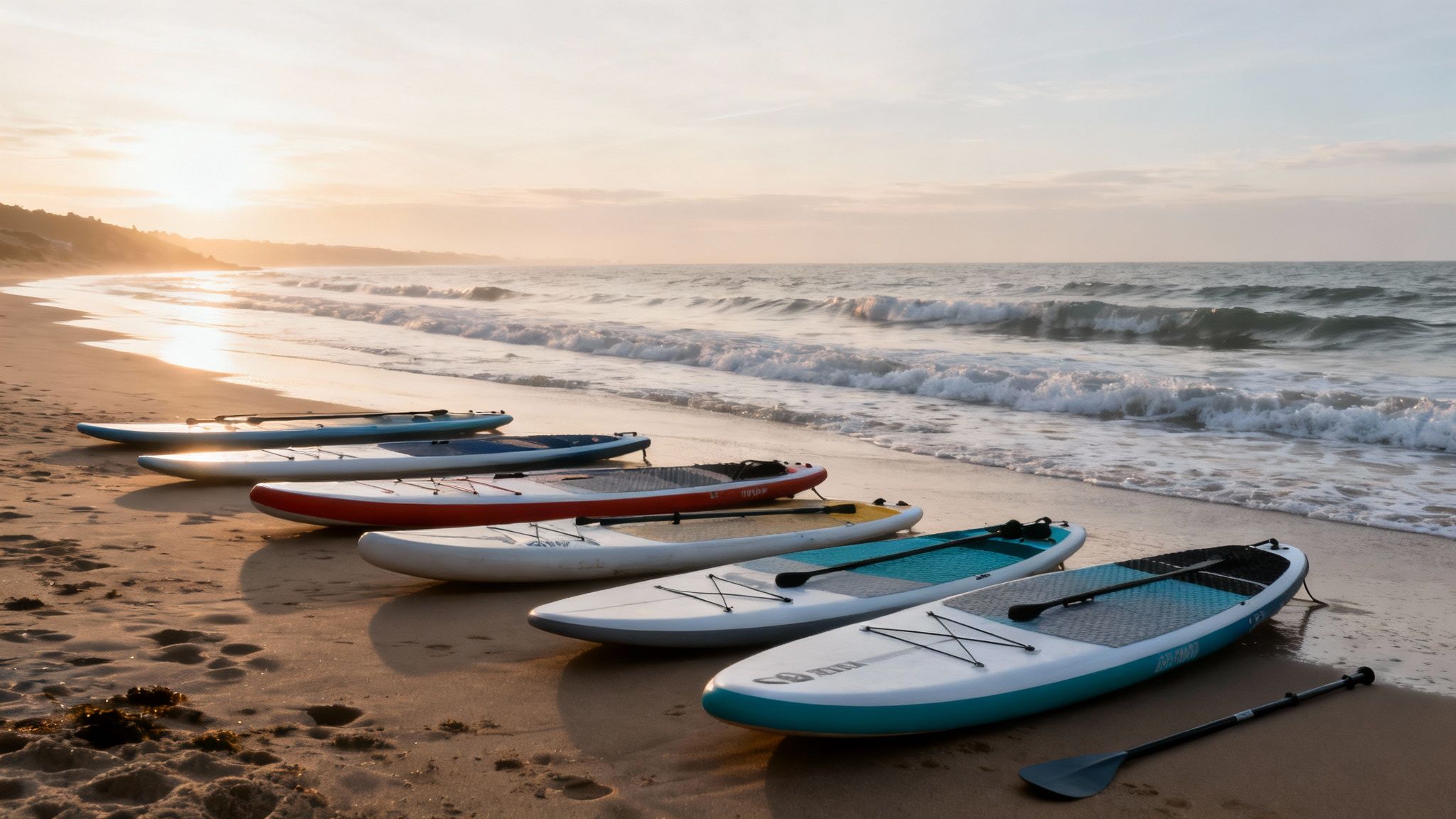 A person stand up paddle boarding on a calm river at sunset.
