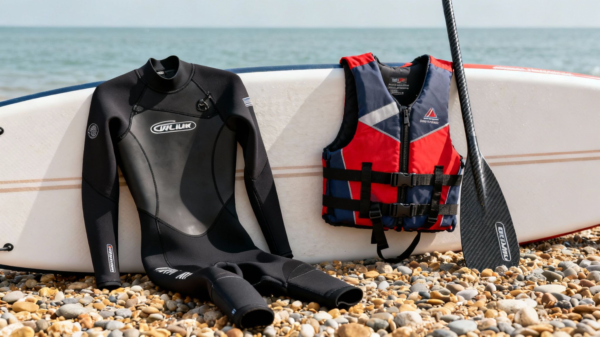 A person's paddle boarding gear laid out on a UK beach.