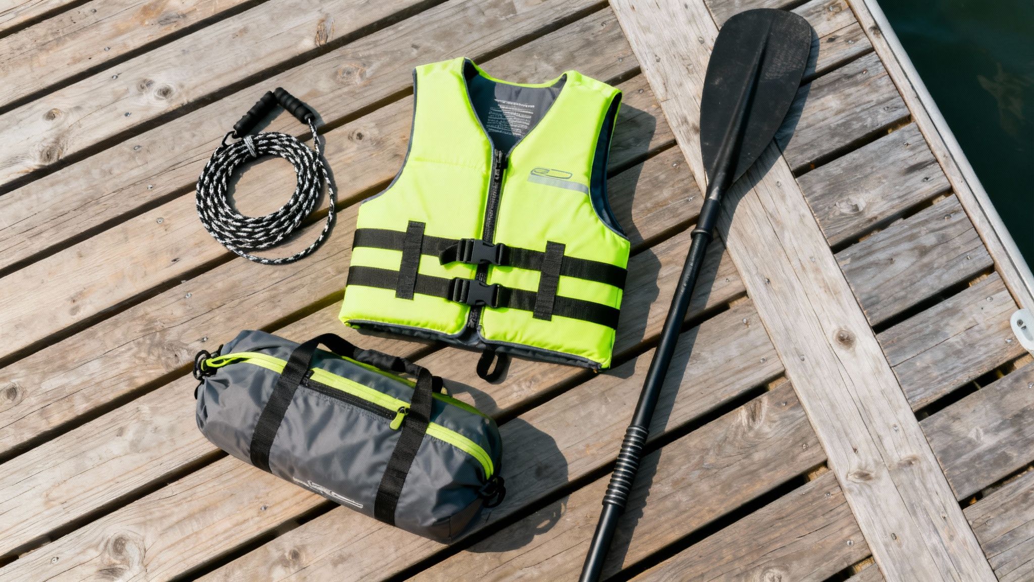 A complete paddle board kit including a board, paddle, pump, and bag, laid out on a wooden deck