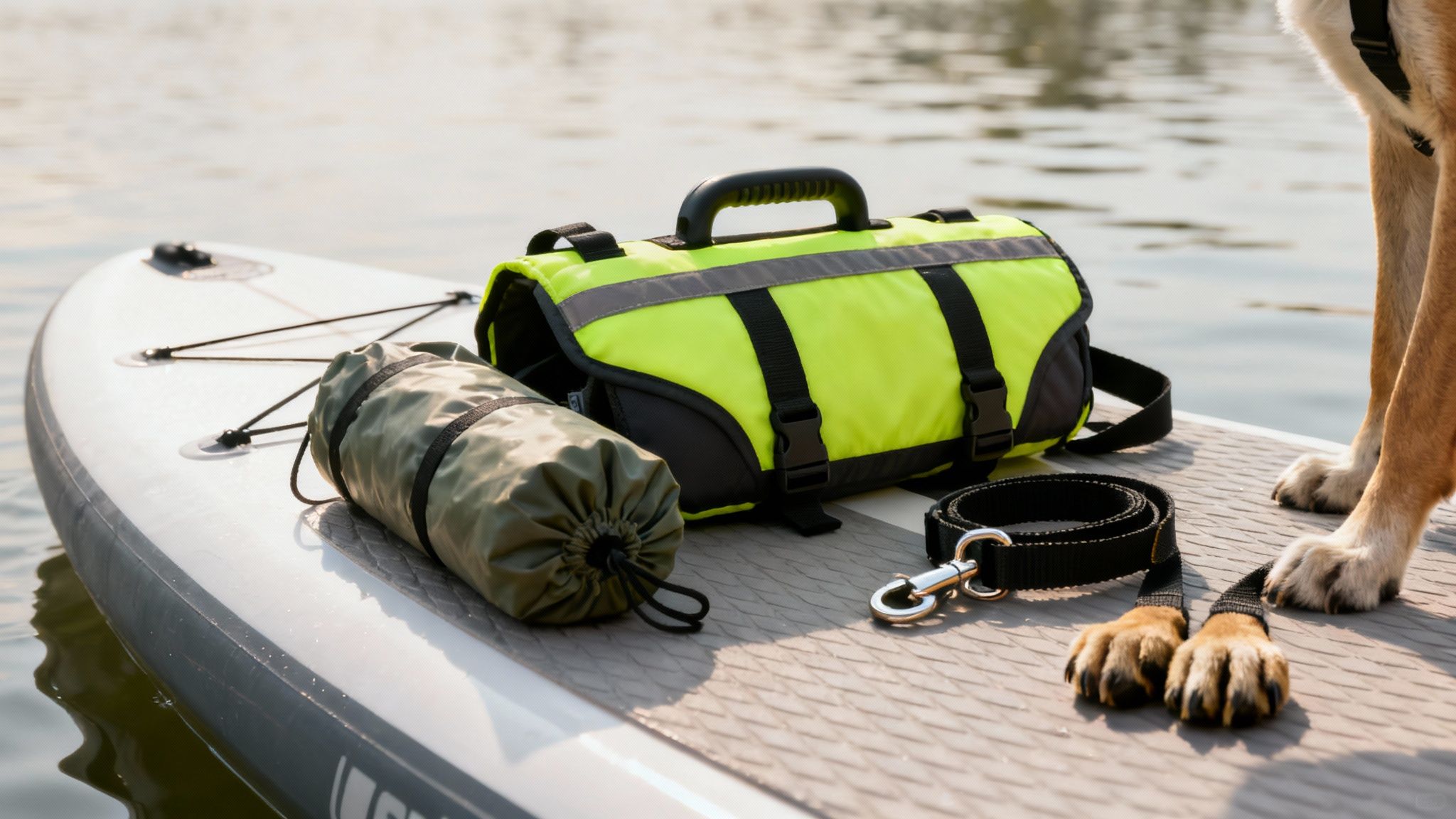 A dog wearing a life jacket and sitting on a paddle board with its owner.