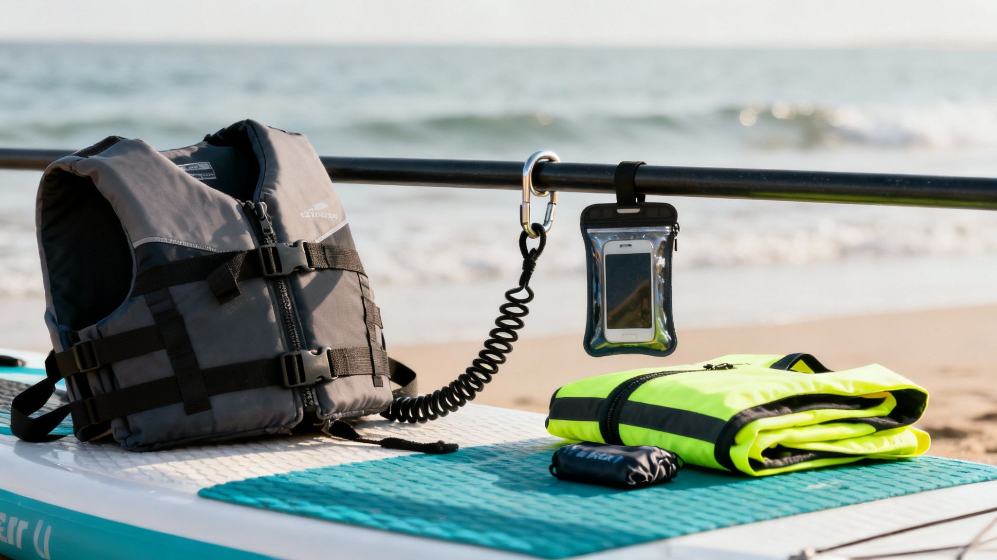 A coiled SUP leash attached to a paddle board.