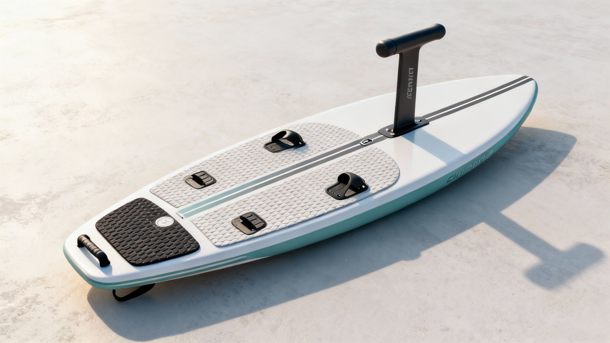 Close-up shot of a wing foiling board's deck pad and foil tracks