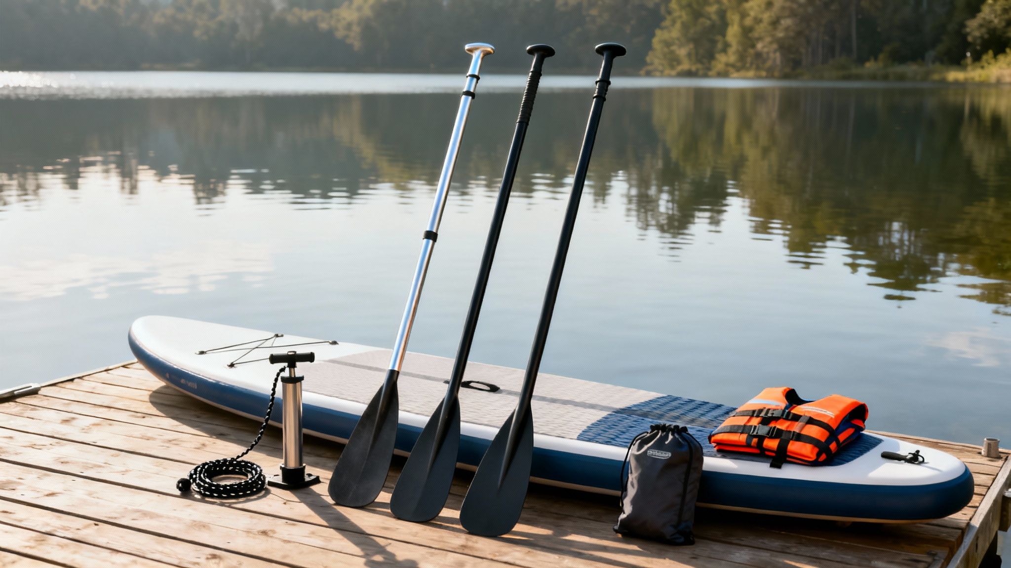 A person paddling a Loco paddle board on a calm lake with their paddle in hand.