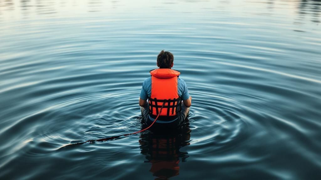 A person in a life jacket kneels on their paddleboard while looking out at the water.
