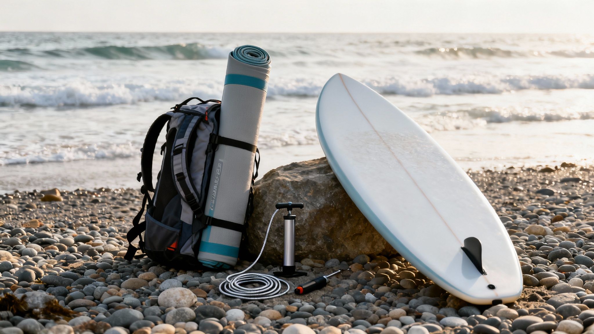 An inflatable paddle board packed in its bag next to a solid board on a beach.