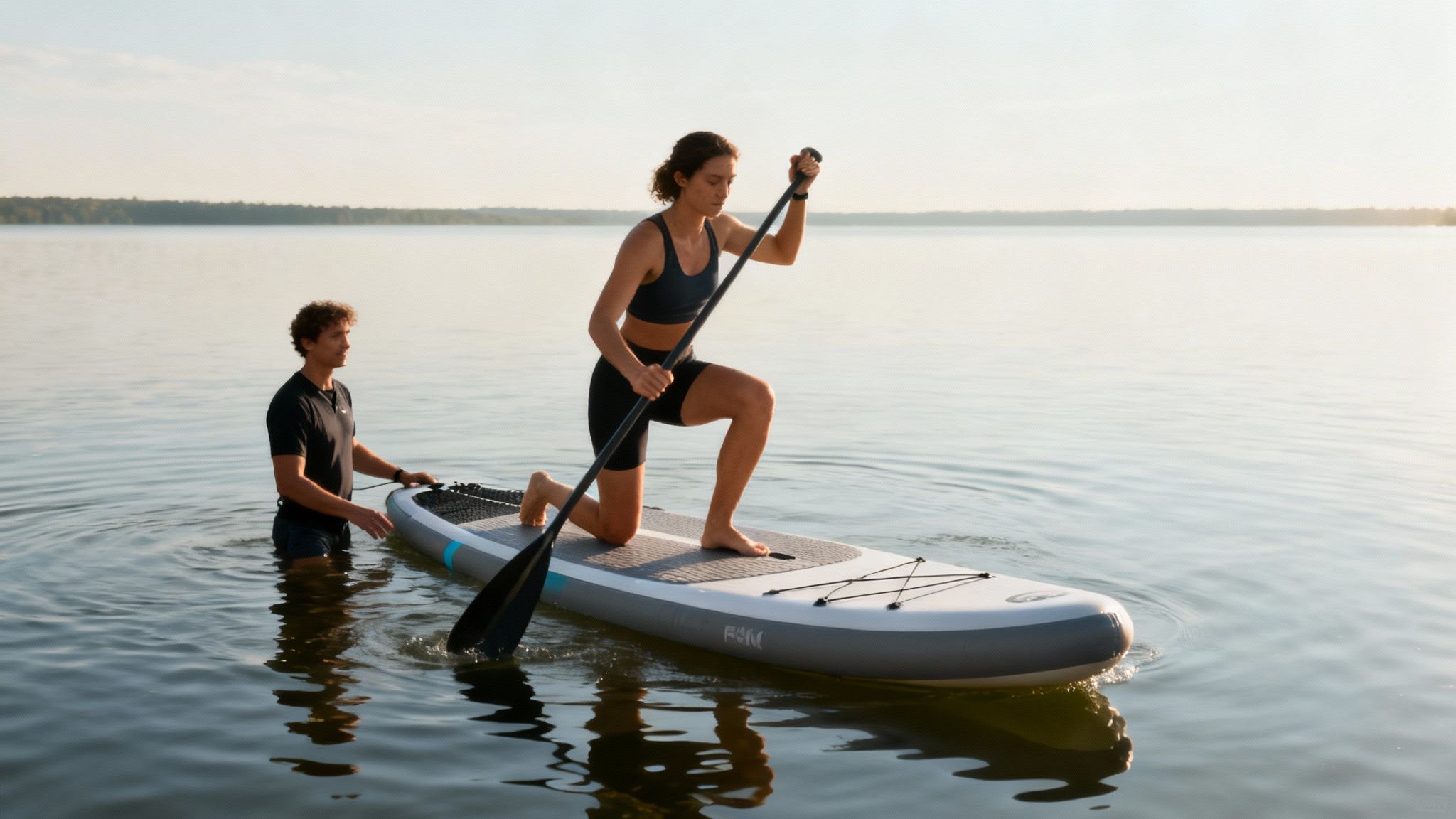 A person kneeling on a beginner paddle board in calm water, preparing for their first session