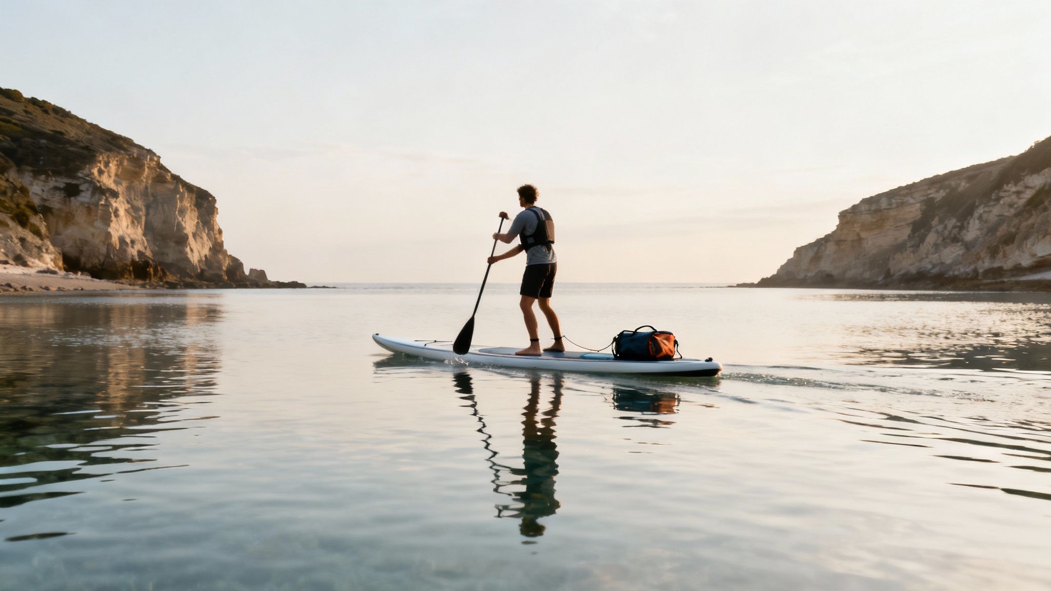 A person on a touring stand up paddle board loaded with gear, paddling along a beautiful UK coastline