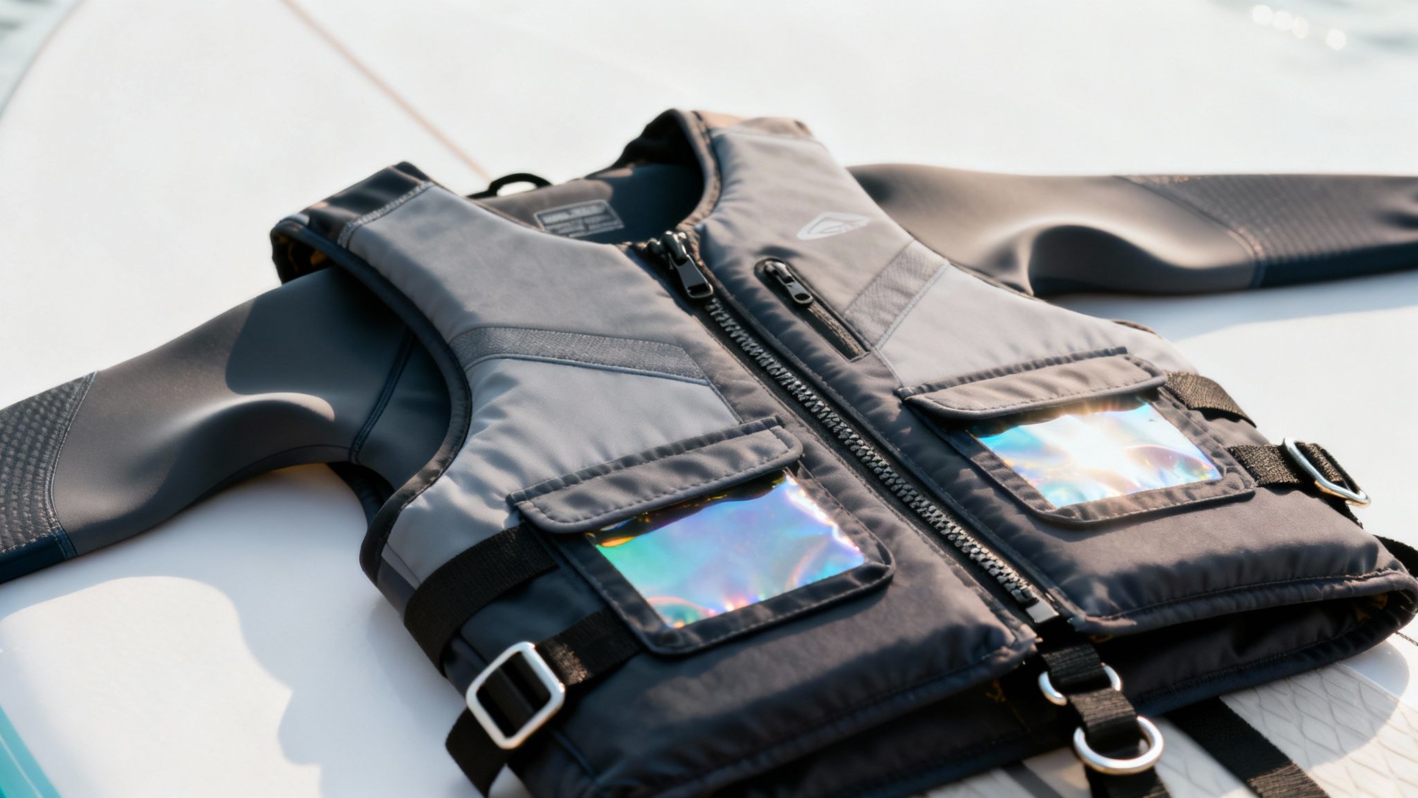 A paddler wearing a modern PFD with convenient pockets and sculpted armholes.