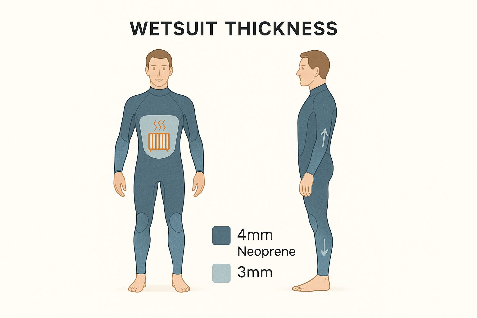 Infographic showing a human figure with 4mm neoprene on the torso and 3mm neoprene on the arms and legs, highlighting warmth on the core and flexibility on the limbs.