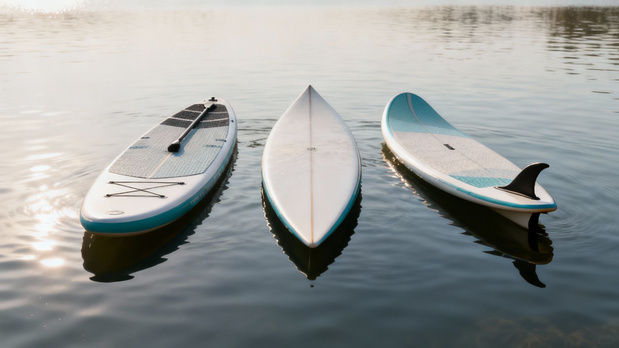 A person paddling on a stand up paddle board in a calm, scenic cove.