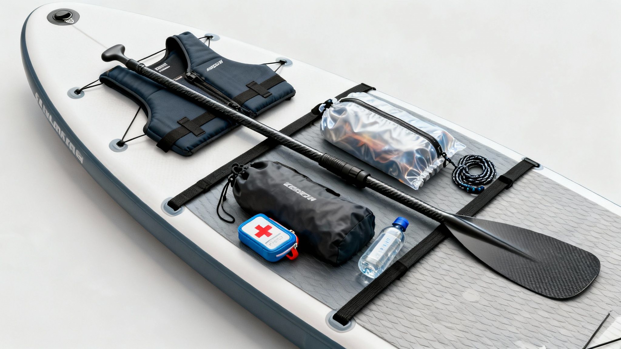 A person preparing their paddle boarding gear on a beach, with a dry bag and other accessories laid out next to the board.