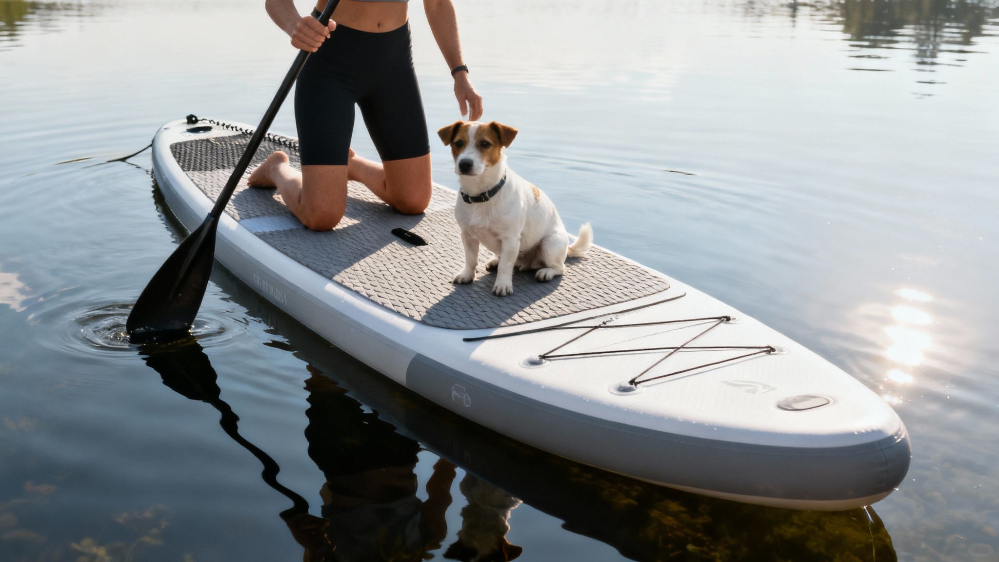 A person paddling on an all-rounder Loco SUP in calm blue water