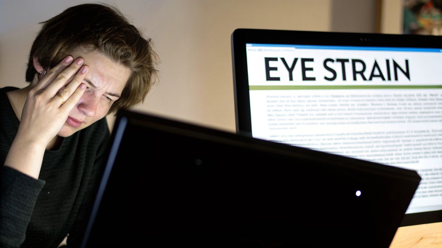 An individual wearing Element Lux amber blue light blocking glasses while working on a laptop in a dimly lit room