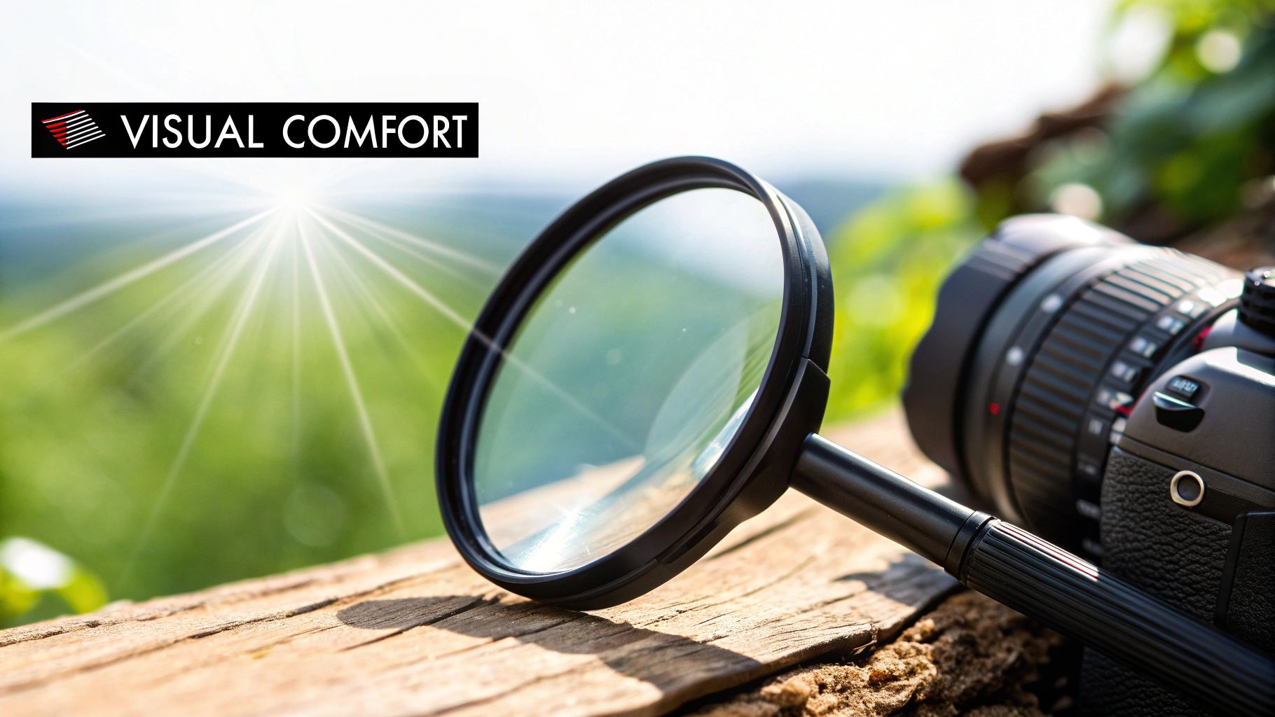 A pair of Element Lux orange-lensed glasses on a wooden surface.
