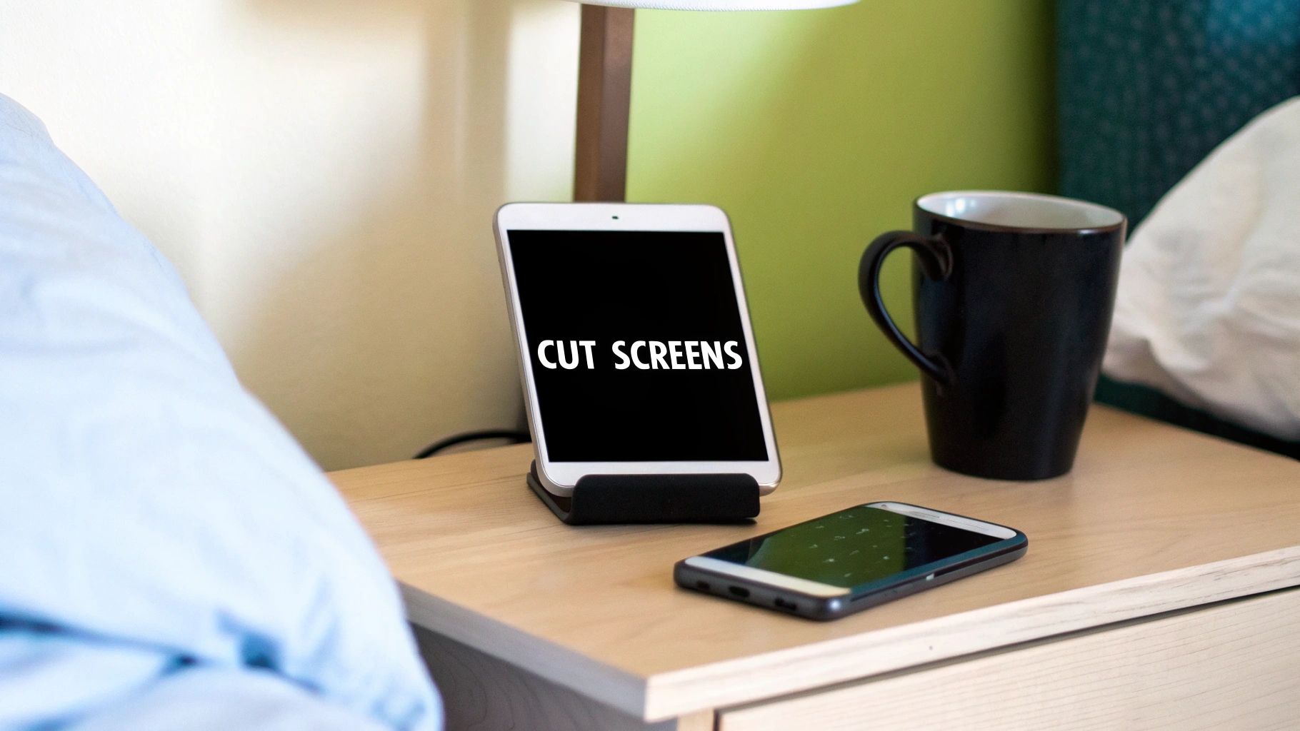 A person relaxing in bed, wearing Element Lux amber blue light blocking glasses while using a tablet.