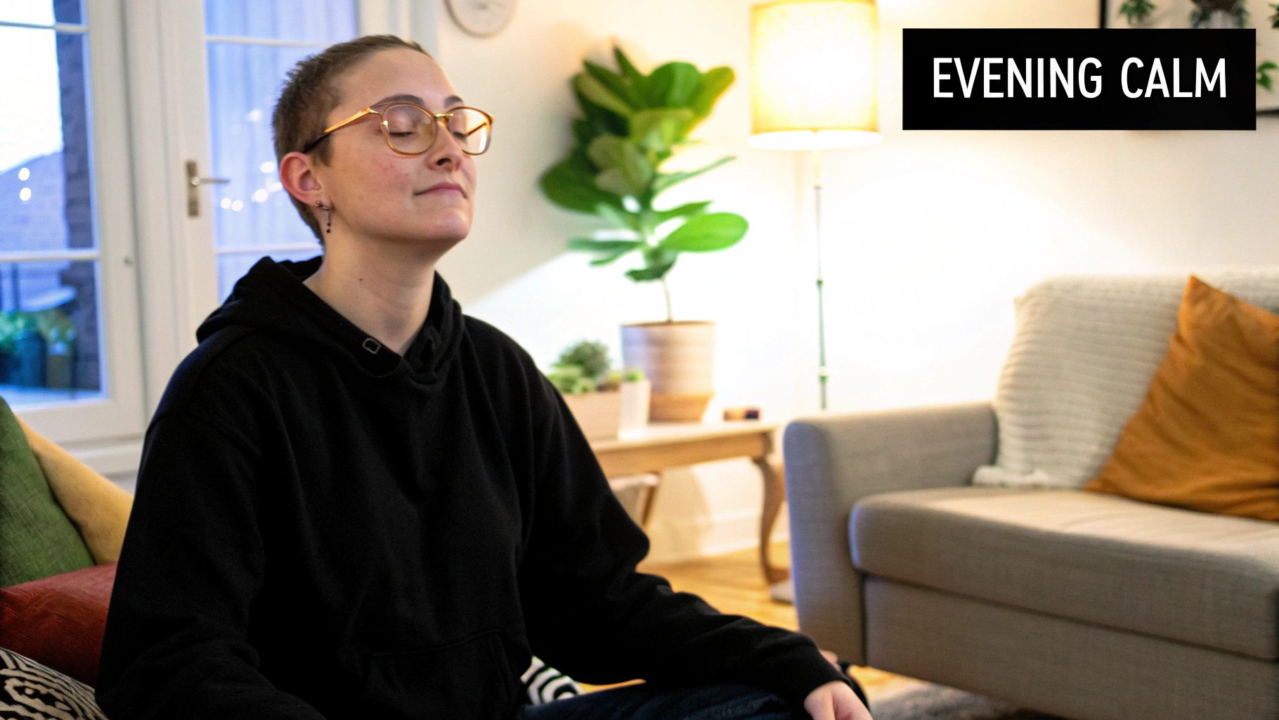 A woman wearing Element Lux amber glasses while reading a book on a comfortable couch.