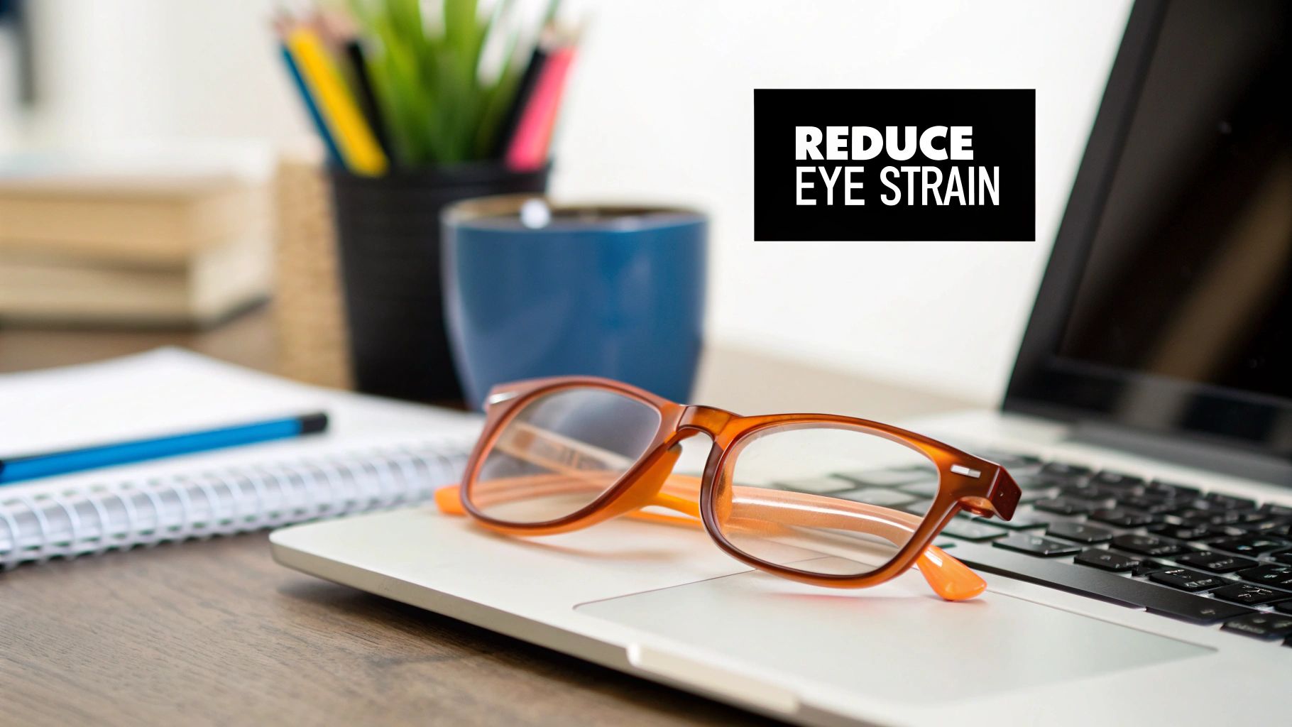 A pair of Element Lux blue light blocking glasses with orange lenses, resting on a wooden surface.