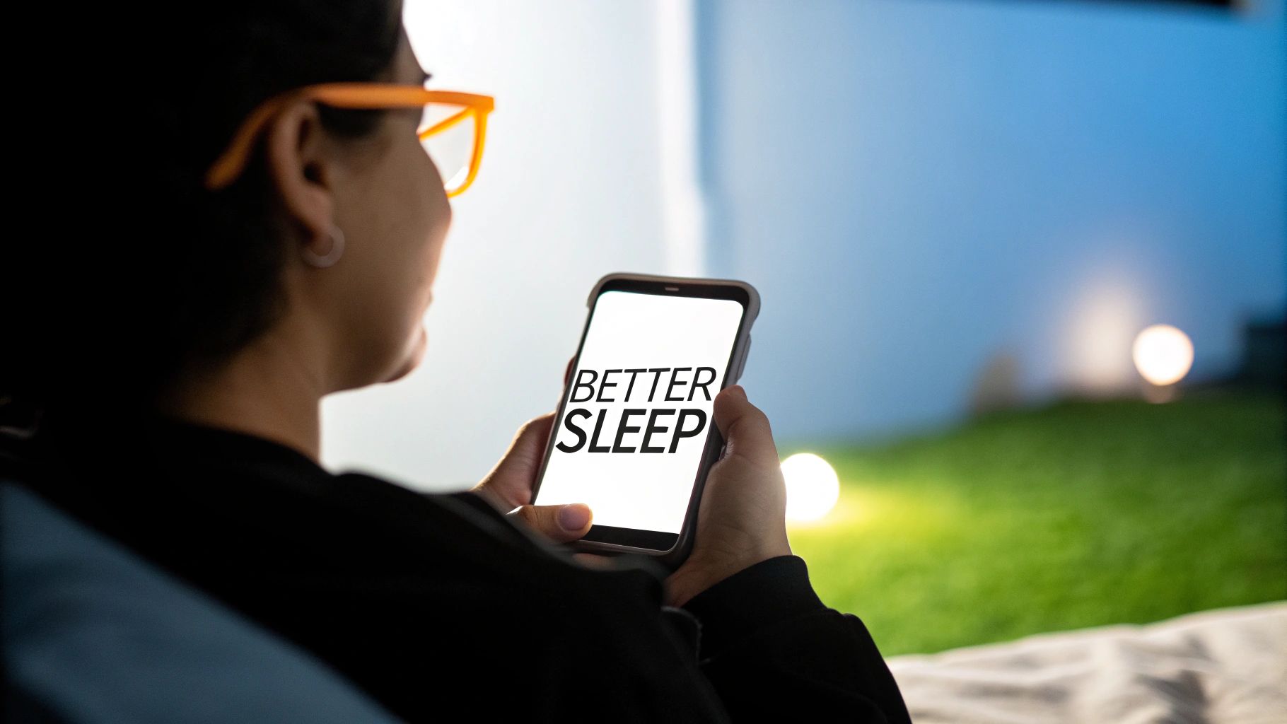 A person wearing Element Lux blue light blocking glasses while working on a laptop at night