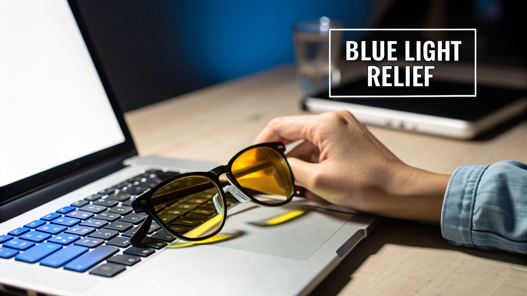 A pair of Element Lux blue light blocking glasses with orange lenses on a wooden surface