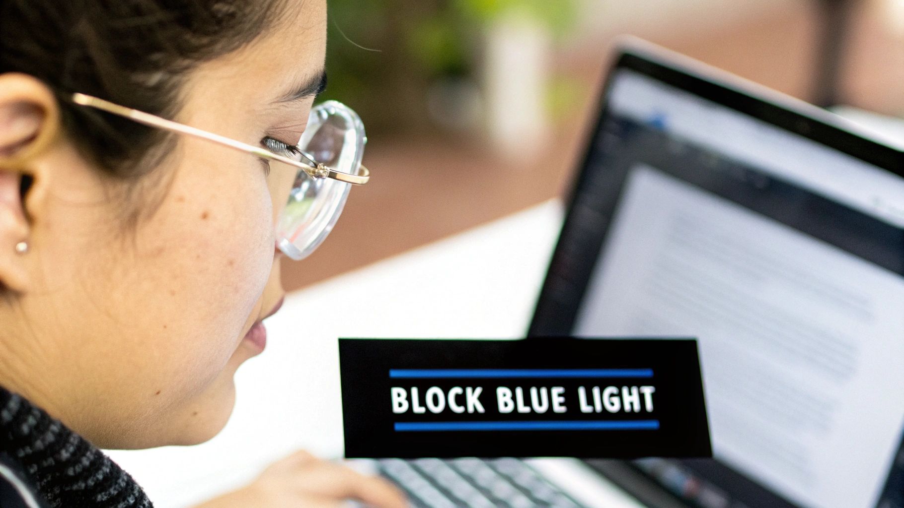 A person wearing Element Lux glasses while working on a laptop in a cozy, dimly lit room.