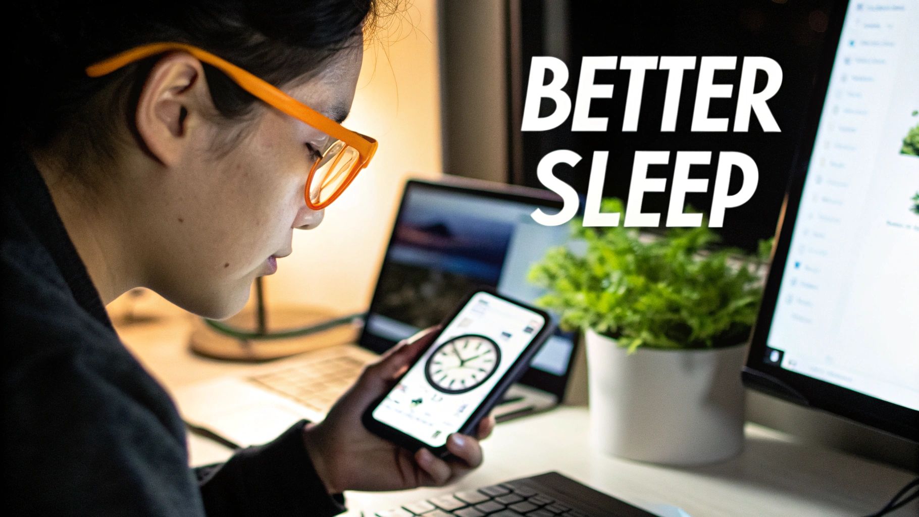 Person wearing Element Lux orange-lensed blue blocking glasses while looking at a laptop at night.