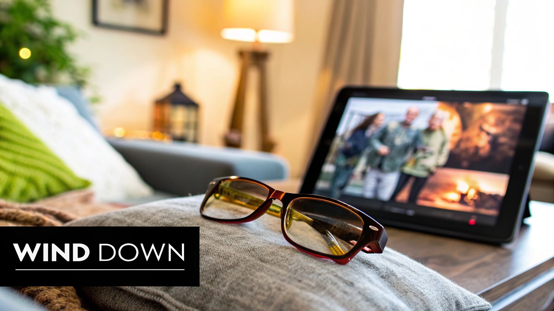 A person relaxing in the evening while wearing Element Lux amber blue light blocking glasses.