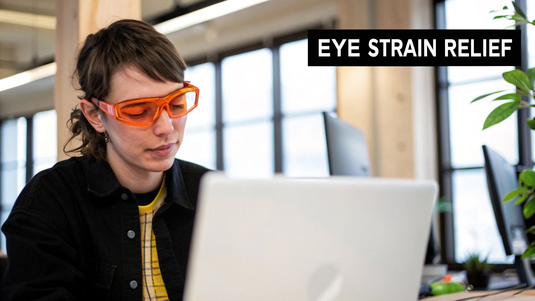 A pair of Element Lux orange-lensed blue light blocking glasses on a desk
