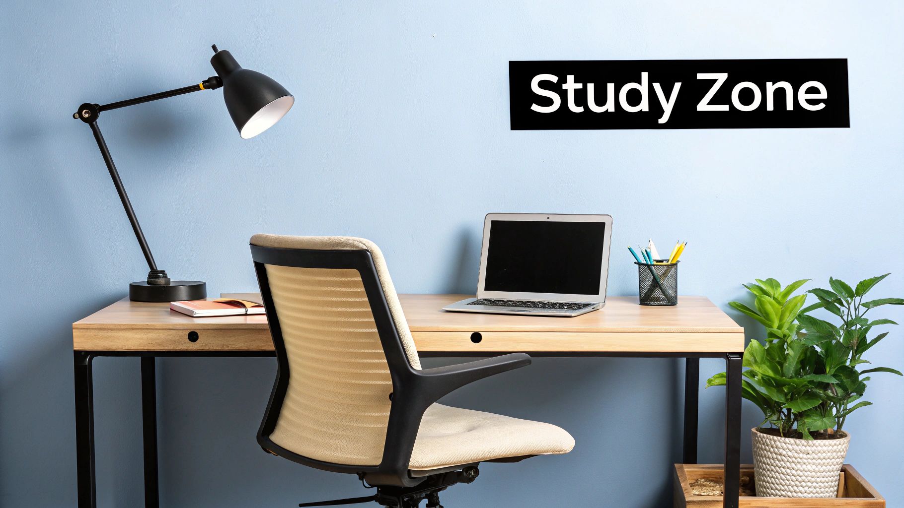 A well-organized study desk with a laptop, notebook, and a pair of Element Lux blue light blocking glasses, creating a focused atmosphere.