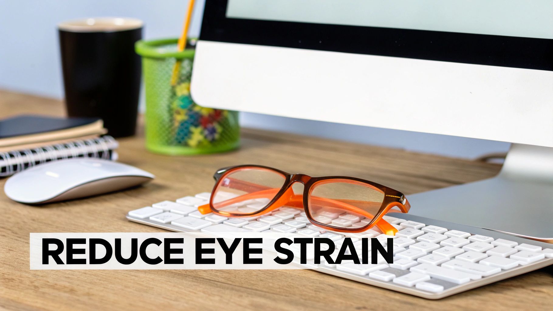 A pair of orange-lensed Element Lux blue light blocking glasses.