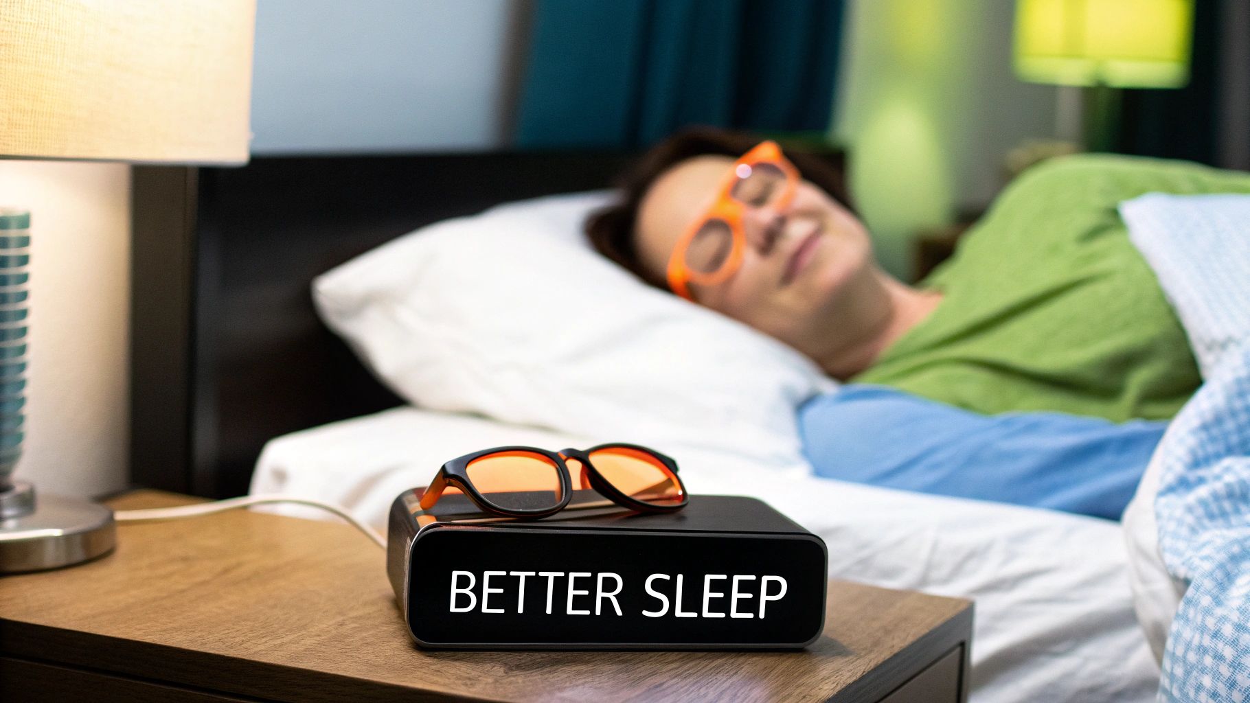 A pair of Element Lux orange-lensed blue light blocking glasses ready for use in the evening