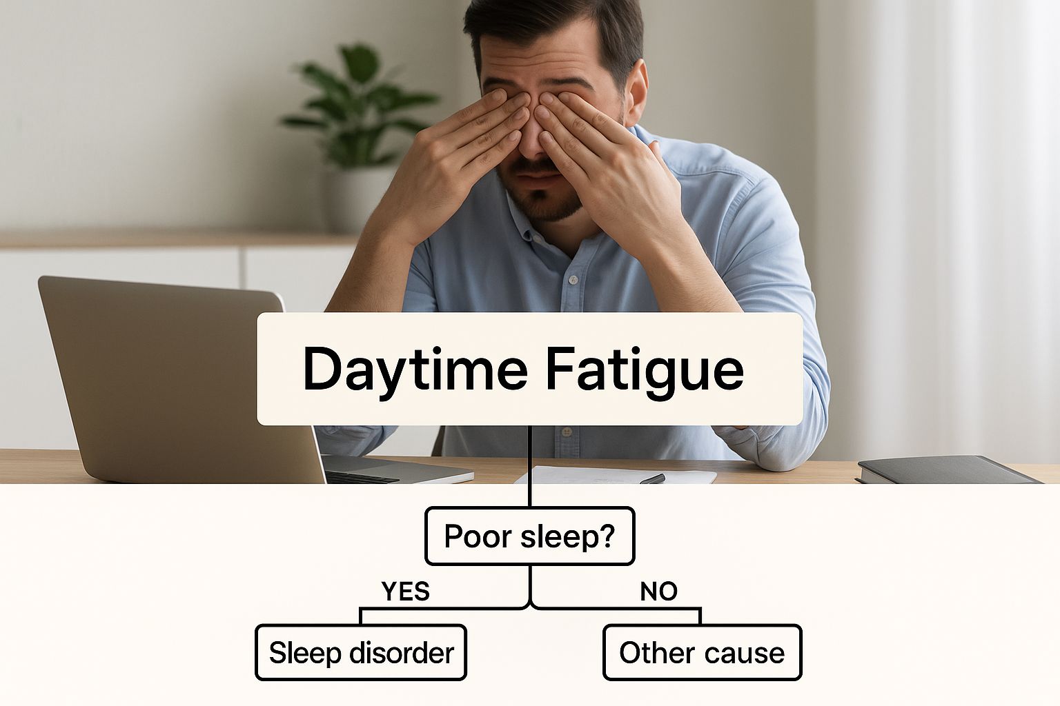 An infographic showing a person at a desk rubbing their eyes, with a text overlay that says 'Daytime Fatigue'.